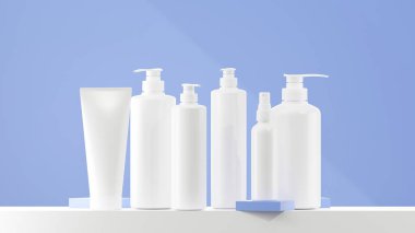 Beyaz losyon, sprey ve pompa şişesi. Beyaz şapkalı beyaz losyon şişesi. Çeşitli boyutlarda losyon şişeleri Soft Imperial Sky tabanı ve arkaplan rengi