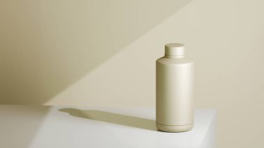 beyaz bir masaya yerleştirilmiş renkli içki şişesi, krem arkaplanının önüne yerleştirilmiş, parlak renkli fotograf konsepti