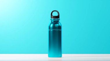 Metalik elektrikli Cyan kapağı olan modern, parlak bir içki şişesi ve bir siyah kapak Electric Cyan arka plan üzerine kurulmuş.