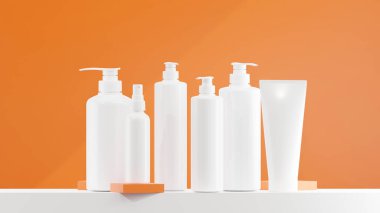 Beyaz losyon, sprey ve pompa şişesi. Beyaz şapkalı beyaz losyon şişesi. Farklı boyutlarda losyon şişeleri Papaya tabanı ve arkaplan rengine konur