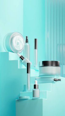 İçinde Celeste Blue renkli sıvı krem olan temiz bir kozmetik seti. Cilt bakımı seti Celeste mavisi renkli bir merdiven tabanında düzenlenmiş. metalik kapak