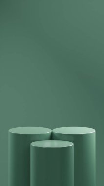 Emerald Green arkaplanının önüne Zümrüt Yeşil renginde 3 podyum yerleştirildi. Önlerindeki 1 podyumdan 2 podyum daha yüksektir.