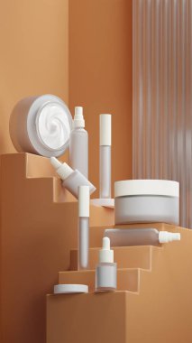 Beyaz kozmetik seti ve içinde beyaz sıvı krem. Tarçın renkli merdiven şeklinde bir merdivene yerleştirilmiş. Matte Beyaz kapağı