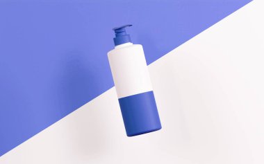 Lavanta mavisi kapaklı losyon şişesi pompası. Beyaz ve lavanta mavisi kollar bu şişe pompasını kaplıyor, çapraz beyaz ve lavanta mavisi arka planda yüzüyor.
