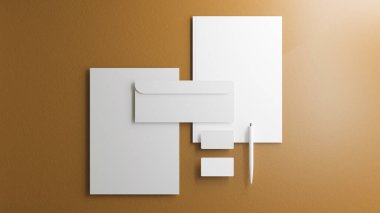 Bir kırtasiye setinin 3 boyutlu şablonu. Başlık, kartvizitler, zarf, kalem, klasör ve White 'ın kartviziti. Turuncu Clay Arkaplan rengi