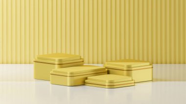 Kavisli köşeli, küp şeklinde bir podyumun 3 boyutlu görüntüsü. Metalik Laguna gölgeli 4 küp podyum. Ürün değişimi için podyum şablonu