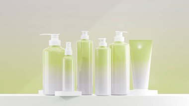 Buz mavisi losyonuna yumuşak kireç, sprey ve beyaz kapaklı pompa şişesi. Tüm ögeler, Buz mavisi arkaplanına derecelendirme yumuşak kireç ile beyaz üsse konur