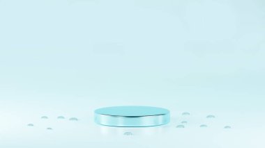 İzole edilmiş Celeste renkli parlak podyum. Celeste renkli arka planda. Etrafında su damlaları var.