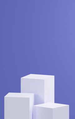 neon mavi arkaplan, üç beyaz küp taban, neon mavisi palet, ürün yerleştirme