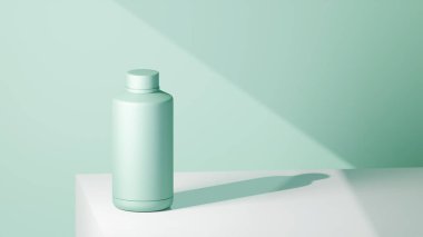 Aquamarine mavi renkli içki şişesi beyaz bir masaya yerleştirilmiş, mavi arkaplan, parlak renklerle fütüristik fotoğraf konsepti