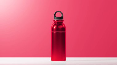 Metalik ahududu üzerine modern parlak içki şişesi ve sade beyaz bir tabanın üzerine siyah kapak konur. Ahududu arkaplanından ayarlayın