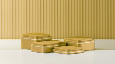 Kavisli köşeli, küp şeklinde bir podyumun 3 boyutlu görüntüsü. Metalik altın kum gölgeli 4 küp podyum. Ürün değişimi için podyum şablonu