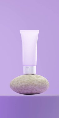 Matte Muave 'de izole edilmiş tüp kremi. Yuvarlak bir taşın üzerine yerleştirilmiş metal kapaklı. Krem tüpü leylak arkaplana yerleştirilmiş.