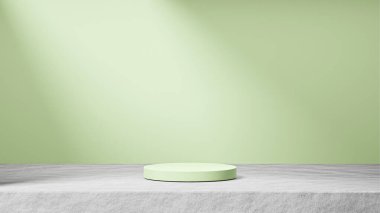 Arka planda güneş ışınları ışığı, pırasalı salata arka planı, ürün değişimi olan çimento üzerine izole edilmiş pırasa salatası podyumu.