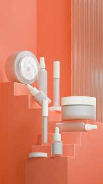 Beyaz kozmetik seti ve içinde beyaz sıvı krem. Mercan renkli merdiven şeklinde bir merdivene yerleştirilmiş. Matte Beyaz kapağı