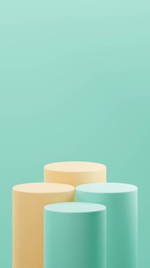 Naneli Yeşil ve Hardal sarısı arkaplan üzerine yerleştirilmiş 4 podyumun 3D görüntüsü. 2 podyum Nane yeşili, 2 podyum Hardal sarısı