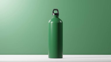 Işıl ışıl Amazon yeşili renginde izole edilmiş, hafif mat kaplamalı modern bir şişe. Benzersiz parlak siyah şişe kapağı. Amazon Yeşil arkaplanı üzerine taklacı yerleştirildi