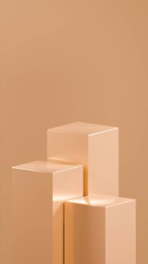 Şeftali renklerinde farklı boyutlarda 3 küp podyum Şeftali renkli bir arkaplan önünde düzenlenir. Metalik parlak küpler.