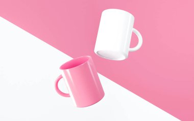 Çapraz flamingoda iki yüzen kupa ve beyaz arka plan, biri beyaz ve biri flamingo renkli.