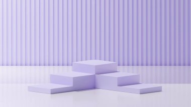 Beyaz bir üsteki Leylak 'ta iki katlı bir küp podyumu. Leylak dikdörtgen desenli bir arkaplan