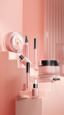 İçinde tropik şeftali renkli sıvı krem olan temiz bir kozmetik seti. Cilt seti Tropikal Şeftali renkli merdiven şeklinde bir tabanda düzenlenmiştir. metalik kapak