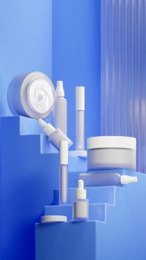 Beyaz kozmetik seti ve içinde beyaz sıvı krem. Cornflower renkli merdiven şeklinde bir merdivene yerleştirilmiş. Matte Beyaz kapağı