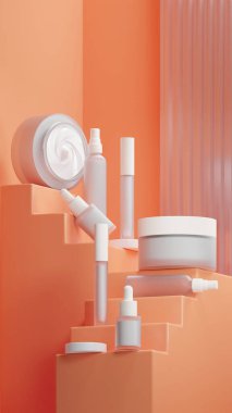 Beyaz kozmetik seti ve içinde beyaz sıvı krem. Atomik Mandalina renkli merdiven şeklinde bir merdivene yerleştirilmiş. Matte Beyaz kapağı.