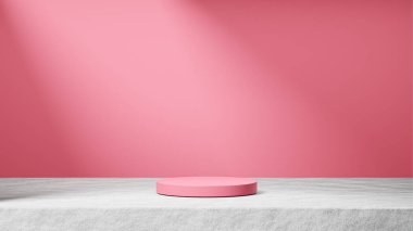 Çimentoda izole edilmiş hafif ahududu podyumu, arka planda güneş ışınları ışığı, hafif ahududu arka planı, ürün değişimi