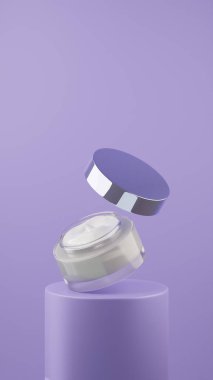 Açık bir kozmetik kavanozu. Mor bir podyumun üzerinde beyaz renkli krema yüzüyor. Yumuşak Mor bitiş