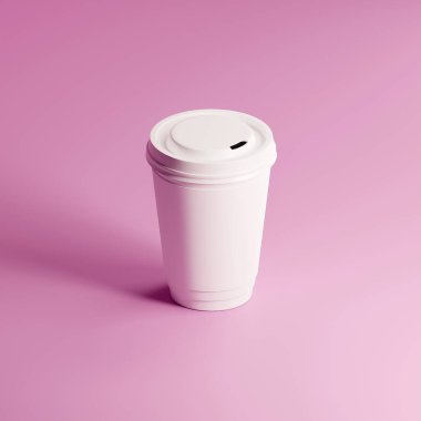 Beyaz kollu, düz beyaz bir kağıt bardağın 3 boyutlu modeli. Lavanta Gül arka planında ıssız bir kahve fincanı dükkanı. üst görünüm açısı