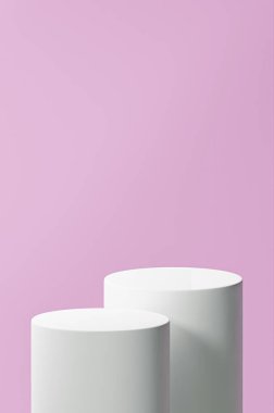 dikey şampuan pembe arka plan, çift beyaz yuvarlak tüp podyum, şampuan pembe renk paleti, şampuan pembe arka plan paleti