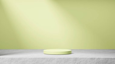 Çimentoda izole edilmiş yeşil dağlık vaspal podyumu. Arka planda güneş ışınları ışığı, yeşil dağlık vaspal arka plan, ürün değişimi.
