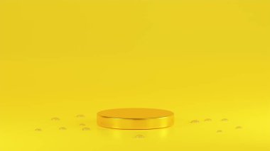 Altın sarısı parlak podyum altın rengi arka planda ve etrafında su damlaları var.