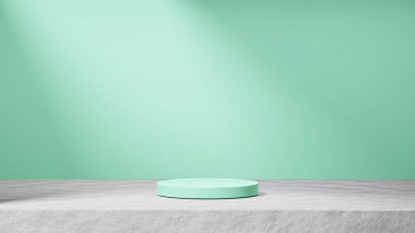 Çimentoda izole edilmiş sihirli nane podyumu, arka planda güneş ışınları ışığı, sihirli nane arkaplanı, ürün değişimi