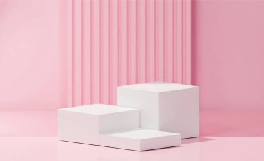 Beyaz renkli 3 küp, beyaz baz rengi, soyulmuş pembe arkaplan, pembe arkaplan