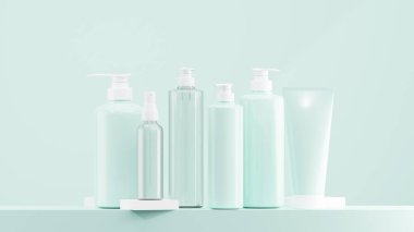 Hafif Cyan losyonu, sprey ve pompa şişesi. Beyaz şapkalı temiz losyon şişesi. Çeşitli boyutlarda losyon şişeleri hafif cyan taban ve arka plan koymak