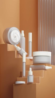 Beyaz kozmetik seti ve içinde beyaz sıvı krem. Tarçın renkli merdiven şeklinde bir merdivene yerleştirilmiş. Matte Beyaz kapağı