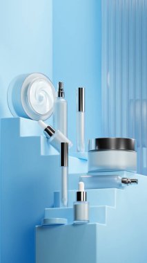 Açık gökyüzü mavisi renkli sıvı kremi olan temiz bir kozmetik seti. Cilt seti açık gökyüzü mavisi renkli bir merdivenin tabanına yerleştirilmiş. metalik kapak