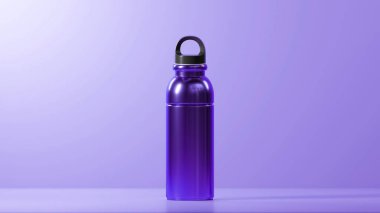 Modern parlak içki şişesi metalik bir antika mavisi ve siyah kapaklı düz bir lavanta arka planı üzerine kuruludur..