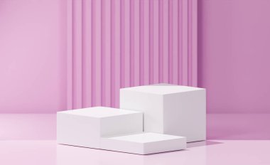 3D yorumlama konsepti. Değişen yüksekliklere sahip 3 beyaz küp kutu, lavanta gül arkaplan, çizgili kabartmalı desen arkaplan