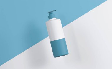 Lacivert şişe losyonu, yüzen şişe, köşegen arka plan..