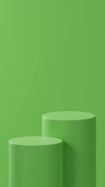 Parlak Yeşil Arkaplan üzerine yerleştirilmiş çift yatay podyumlar. Fotoğraf: Stüdyo 2 Podyum