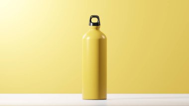 Işıl ışıl tereyağlı sarı renkli, hafif mat kaplamalı modern şişe. Benzersiz parlak siyah şişe kapağı. tereyağı sarısı arkaplan üzerine takılan taklacı.