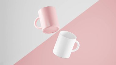 Çapraz Pembe ve Beyaz arka planda iki yüzen kupa, bir beyaz kupa ve bir soluk pembe kupa.