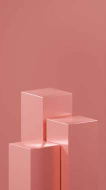 Şeftali pembesi renginde farklı boyutlarda 3 küp podyum Şeftali pembesi renkli bir arkaplan önünde düzenlenir. Metalik parlak küpler