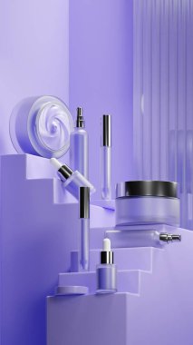 İçinde Peo Mor renkli sıvı krem olan temiz bir kozmetik seti. Cilt seti Peo Mor renkli merdiven şeklinde. metalik kapak