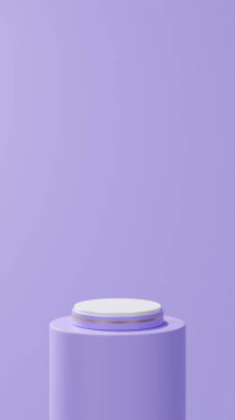 İzole edilmiş mor podyum altın şeritli yer yuvarlak mor tüp, mor arka plan
