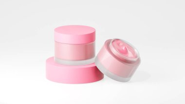 2 paket gül renkli esrar kremi şişesi, gül kürsüsünde esrar kreması şişeleri, beyaz arka planda izole edilmiş ot kreması şişeleri.