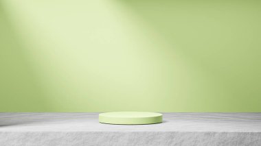 Çimentoda izole edilmiş pastel kireç podyumu, arka planda güneş ışınları ışığı, pastel kireç arka plan, ürün değiştirme