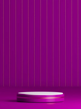 Altın çizgili Barney Podyumu, 3D obje podyumu, Barney Podyumu üzerinde beyaz podyum, altın dikey sırık desenli parlak arpa arka planı